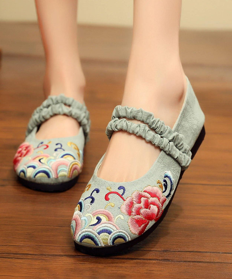 Red Embroidered Cotton Linen Fabric Flat Shoes Lace Up Flat Shoes