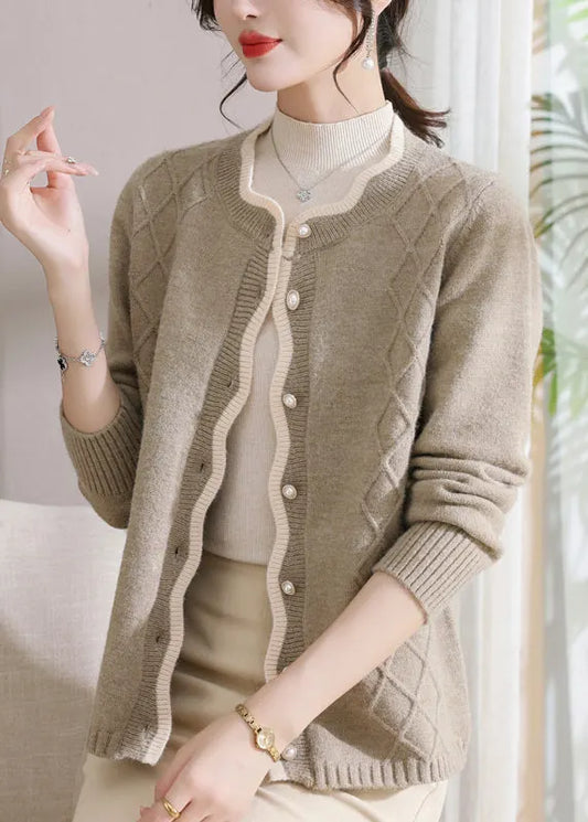 Khaki Plaid Patchwork Cotton Knit Coats Fall