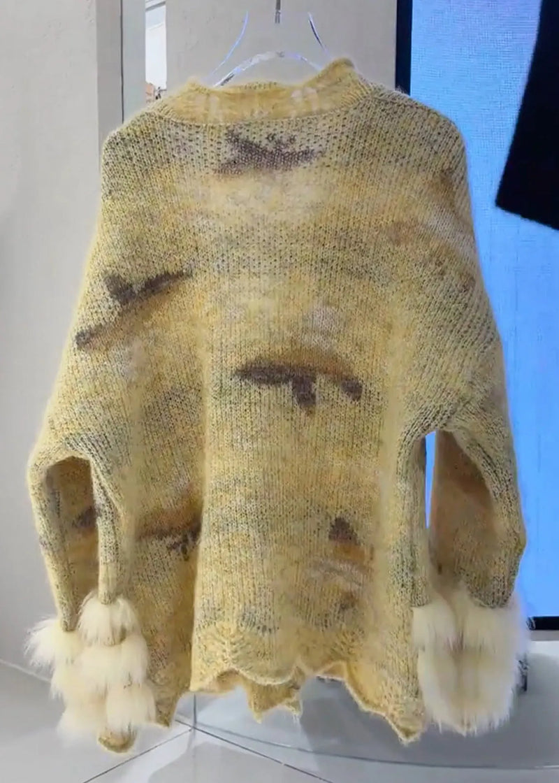 Yellow Fur Cotton Knit Cardigans Fall