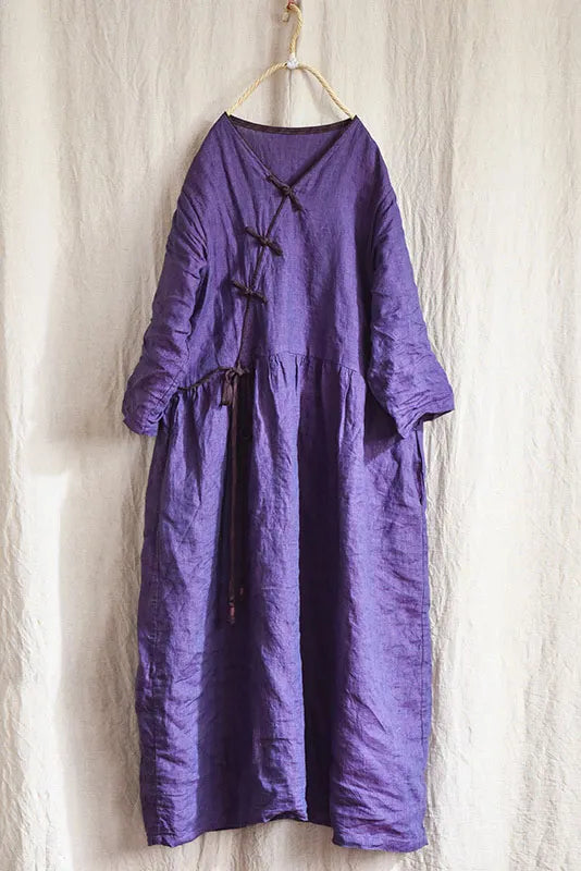 -spring Retro Linen Buckle Dress