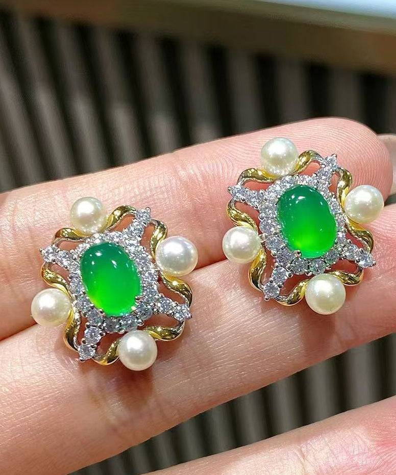 Green Sterling Silver Overgild Zircon Jade Pearl Stud Earrings