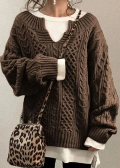 Simple Coffee V Neck Cozy Cable Knit Sweaters Fall