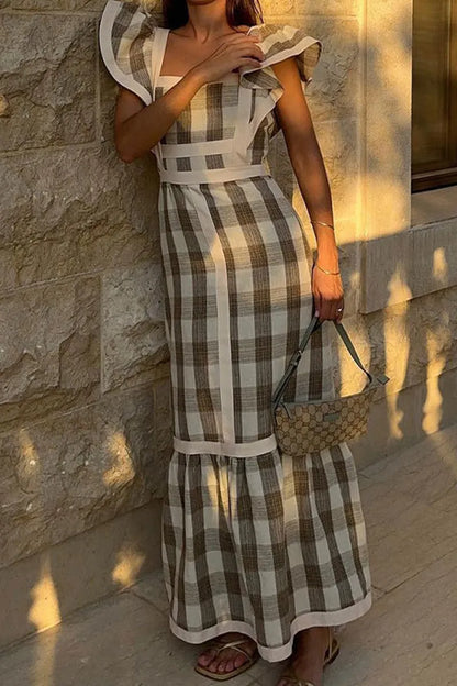 Plaid Patchwork Flounce Square Collar a Line Dresses