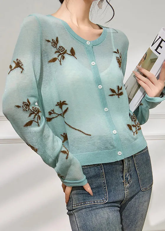 Jacquard Blue O Neck Button Cozy Knit Cardigans Fall