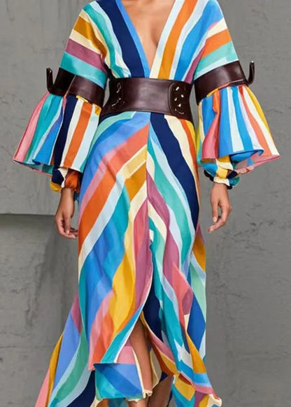 Rainbow Striped Side Open Cotton Cinched Dresses Fall