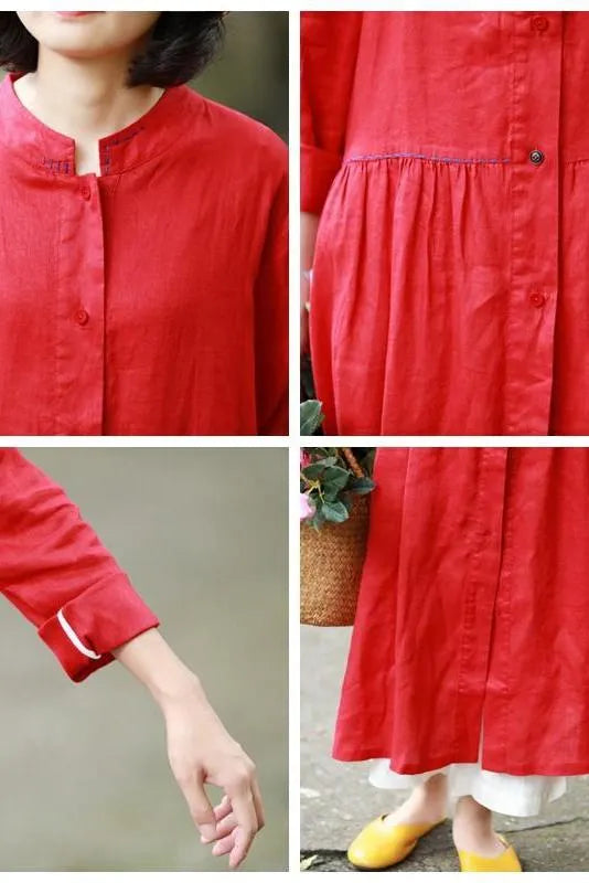 Loose Blue and Red Button Down Linen Maxi Dresses for