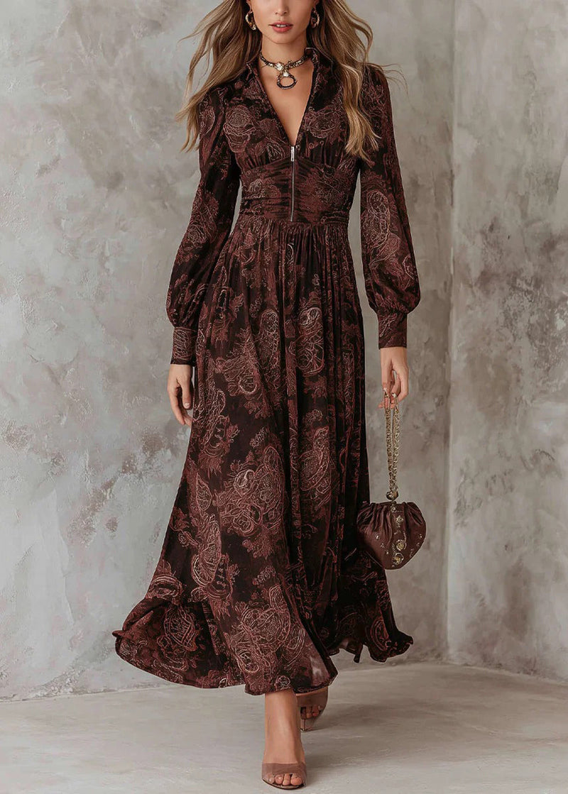 Chocolate V Neck Zip Up Print Cotton Long Dress Fall