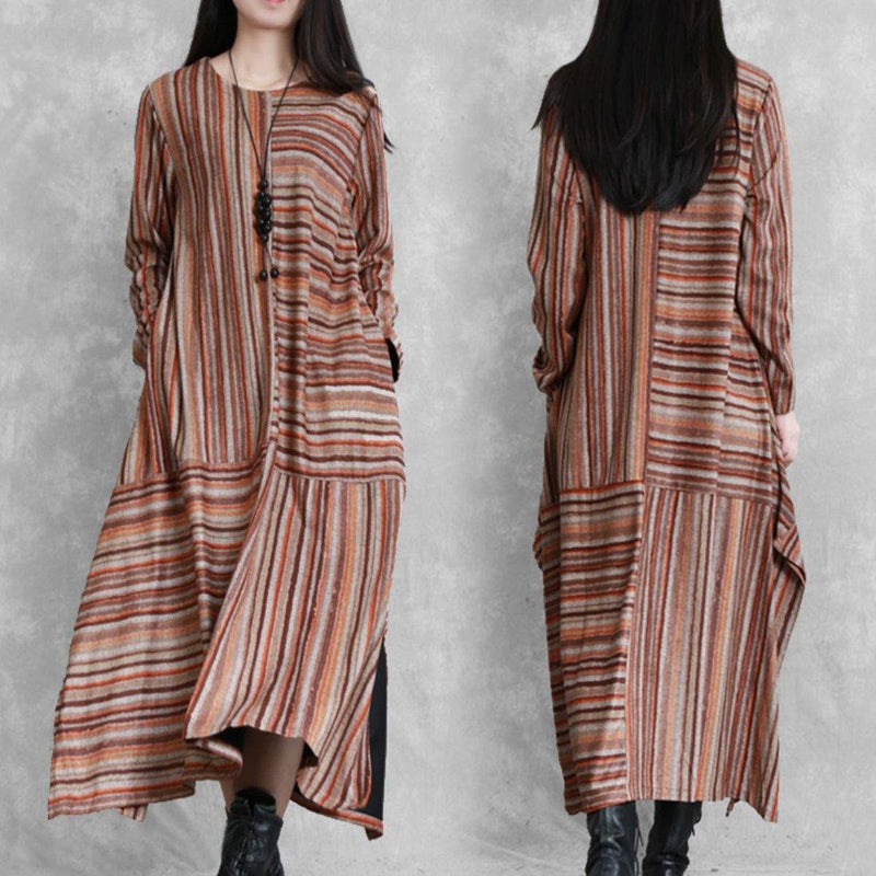Handmade Khaki Yellow Striped Cotton Linen Quilting Clothes Side Open Cotton Patchwork Dresses