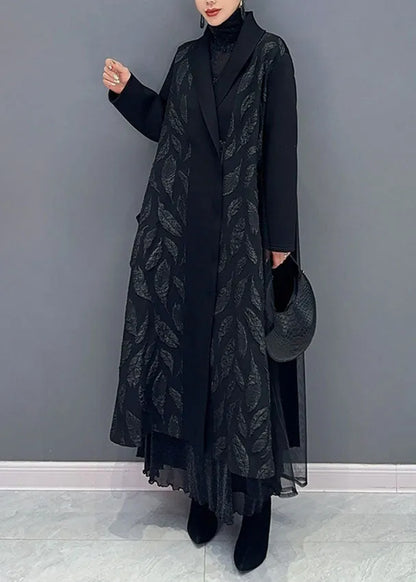 Black Notched Tulle Patchwork Maxi Cardigans Long Sleeve