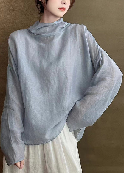 Simple White Turtle Neck Patchwork Linen Shirts Long Sleeve