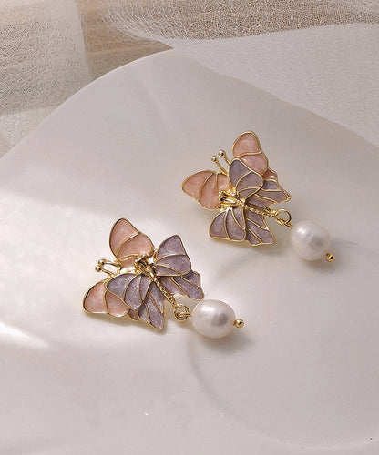 Stylish Gold Sterling Silver Alloy Pearl Butterfly Drop Glaze Drop Earrings