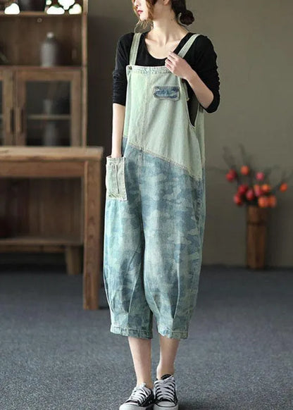 Light Blue Pockets Patchwork Jumpsuit Crop Pants