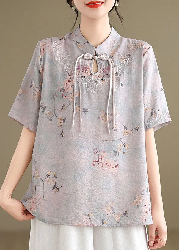 Light Purple Tasseled Print Cotton Top Short Sleeve