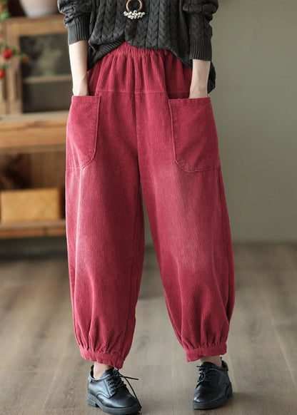 Red Elastic Waist Pockets Warm Fleece Corduroy Harem Pants Winter