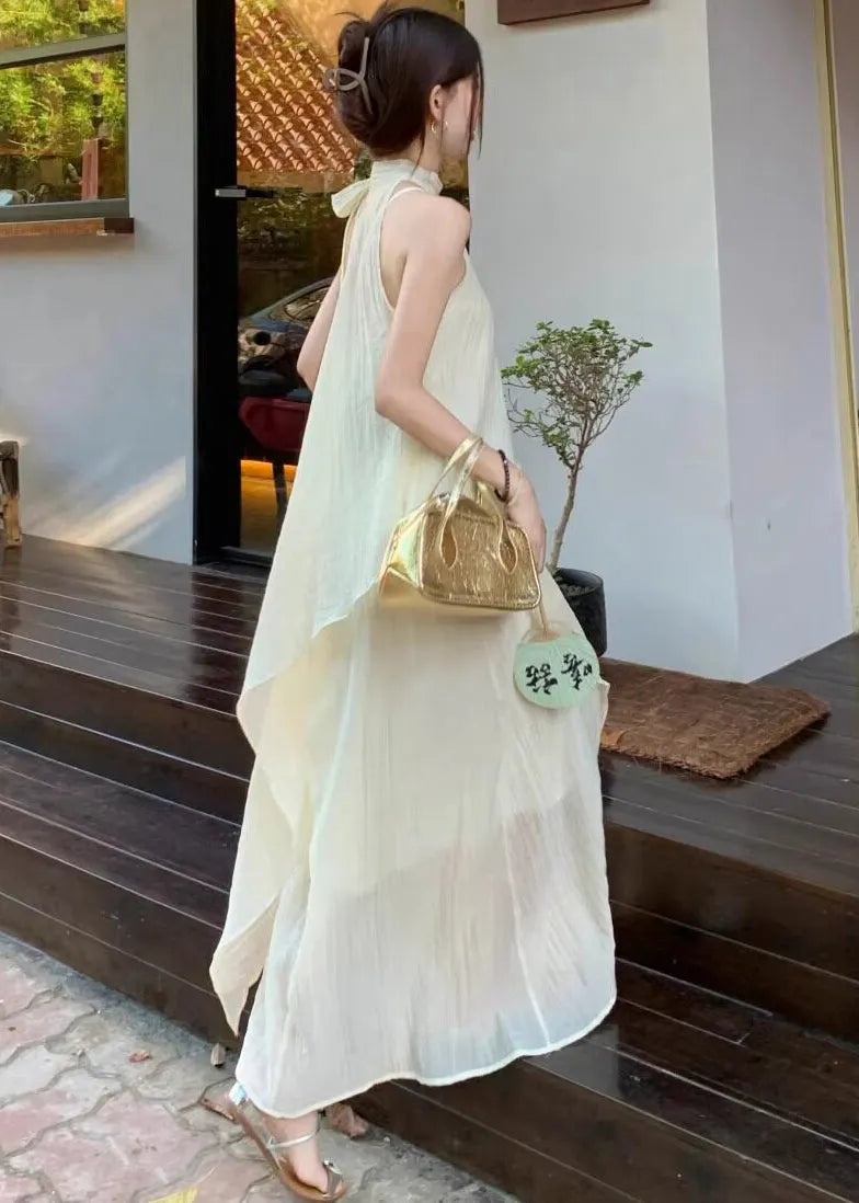 Beige Chiffon Holiday Halter Dress Two Piece Set Asymmetrical Summer
