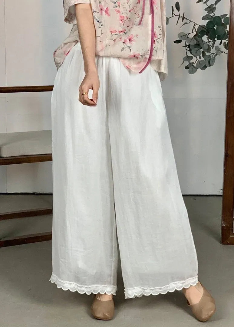 Loose Purple Elastic Waist Lace Patchwork Linen Wide Leg Pants Summer