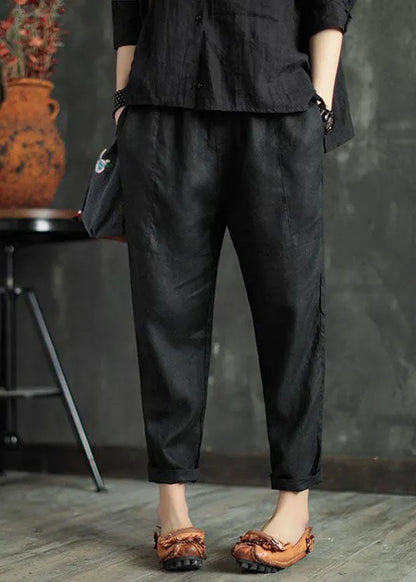Stylish Black Elastic Waist Pockets Linen Harem Pants Summer