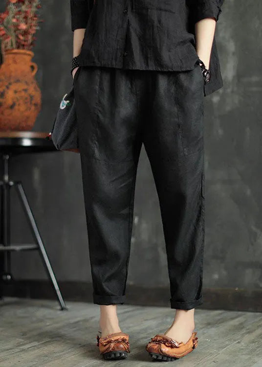 Stylish Black Elastic Waist Pockets Linen Harem Pants Summer