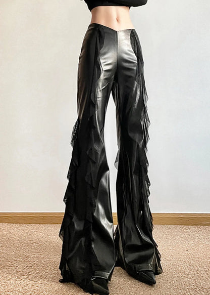 Black Ruffled Patchwork Asymmetrical Faux Leather Wide Leg Pants