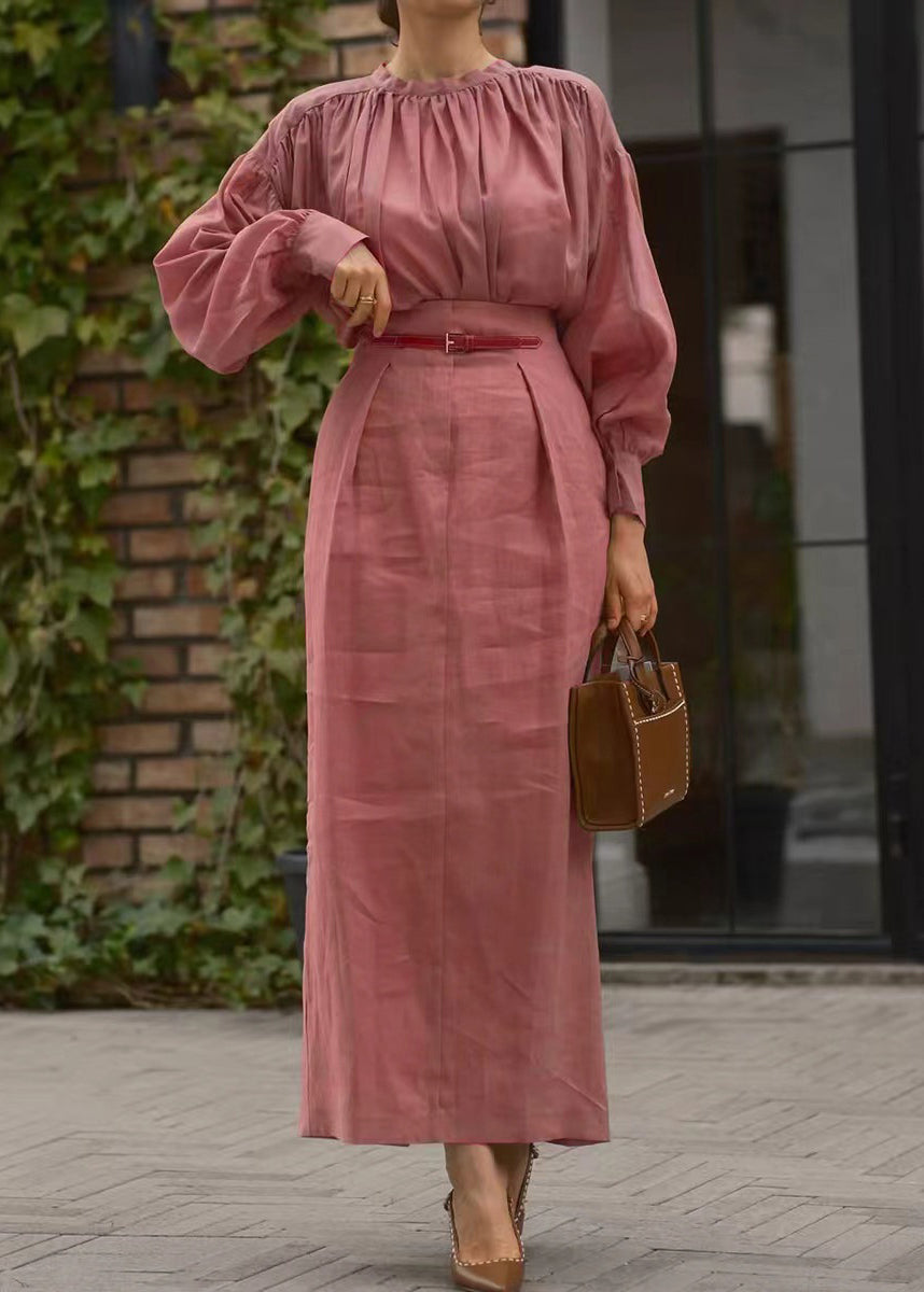 Stylish Pink Wrinkled Top and Skirts Cotton Two Pieces Set Fall