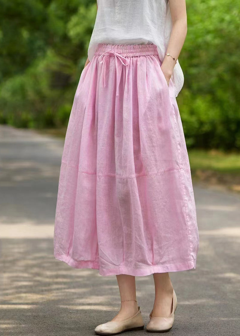 Pink Pockets Elastic Waist Linen Skirt Summer