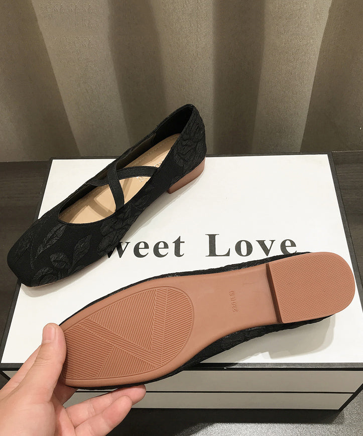 Apricot Embroidered Cross Strap Splicing Flat Shoes for