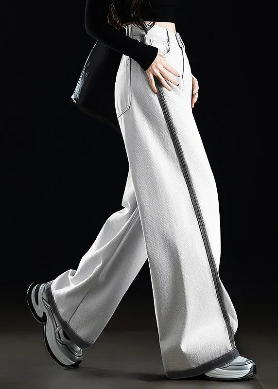 Grey White Pockets Patchwork Denim Wide Leg Pants Spring