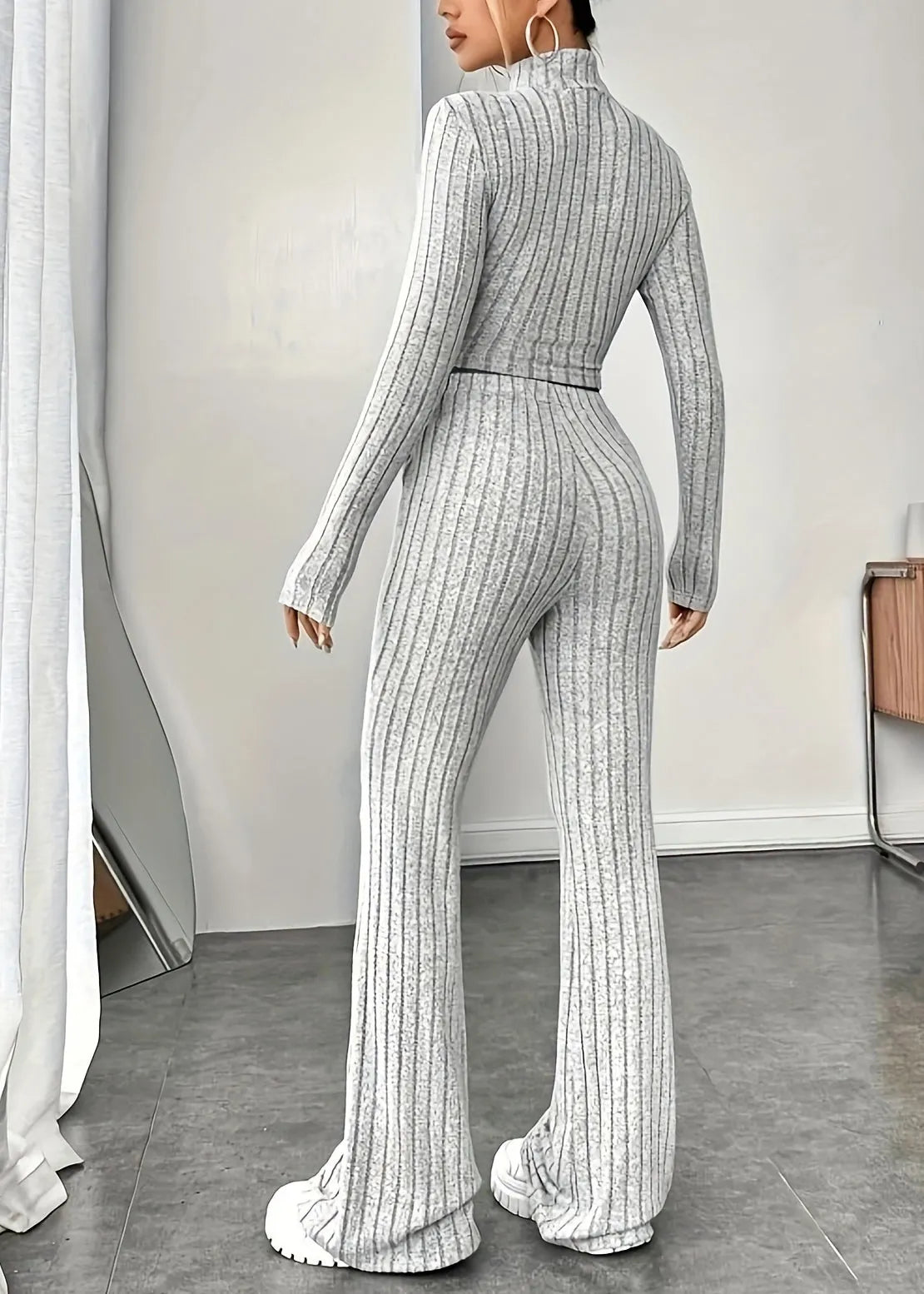 Stylish Light Grey High Neck Knit Two Piece Set Clothing Spring