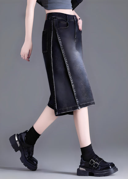 Black Pockets Patchwork Denim Crop Pants Summer