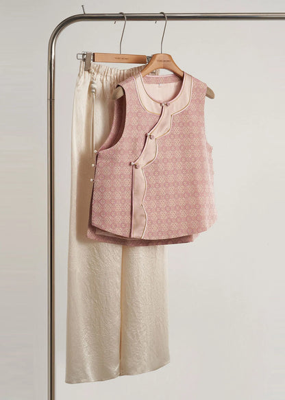 Pink Jacquard Patchwork Silk Oriental Vests Fall