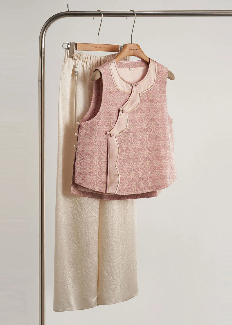 Pink Jacquard Patchwork Silk Oriental Vests Fall