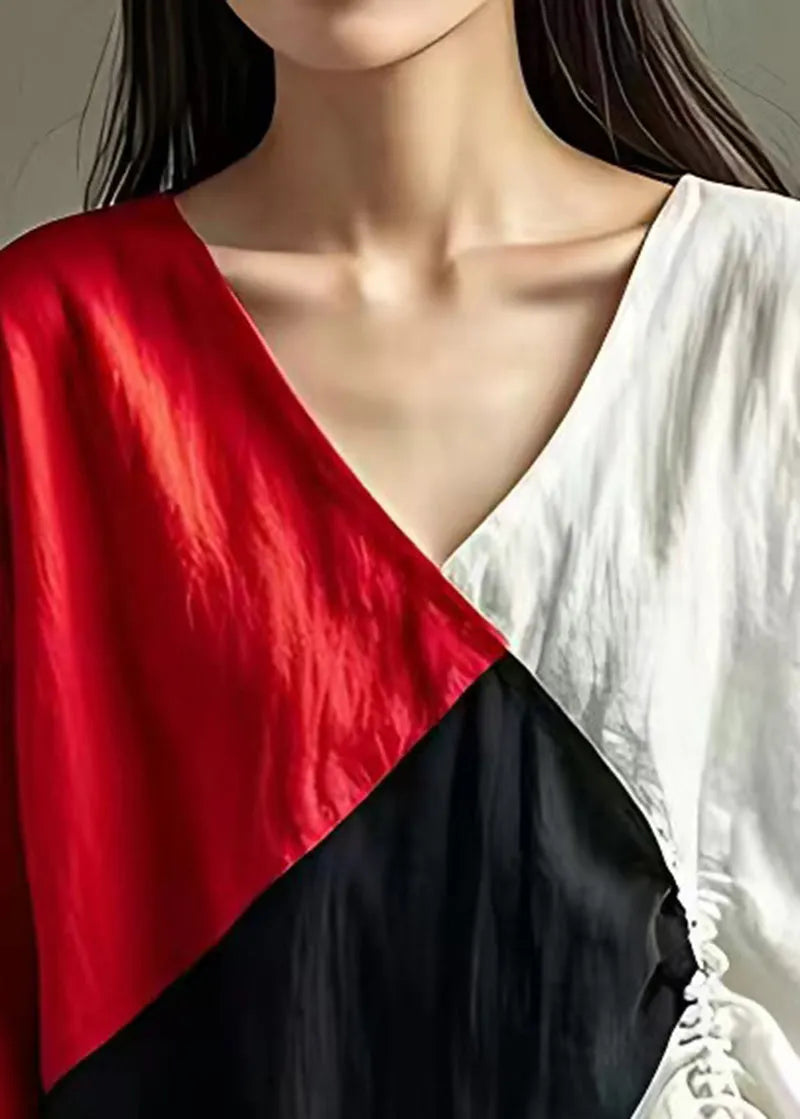 Colorblock Patchwork Linen Tops V Neck Drawstring Summer