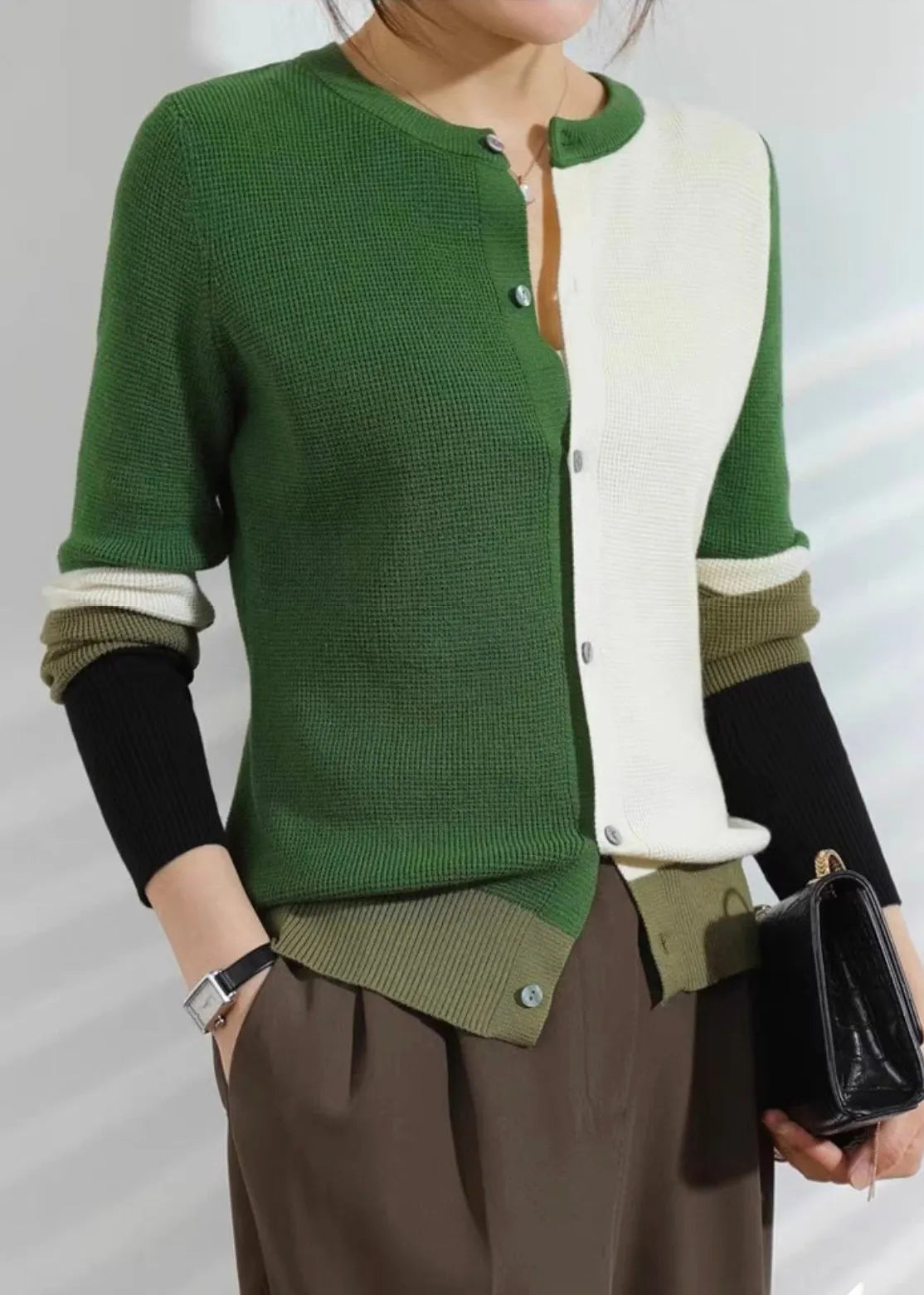 Green Button Patchwork Knit Fall Cardigan O Neck