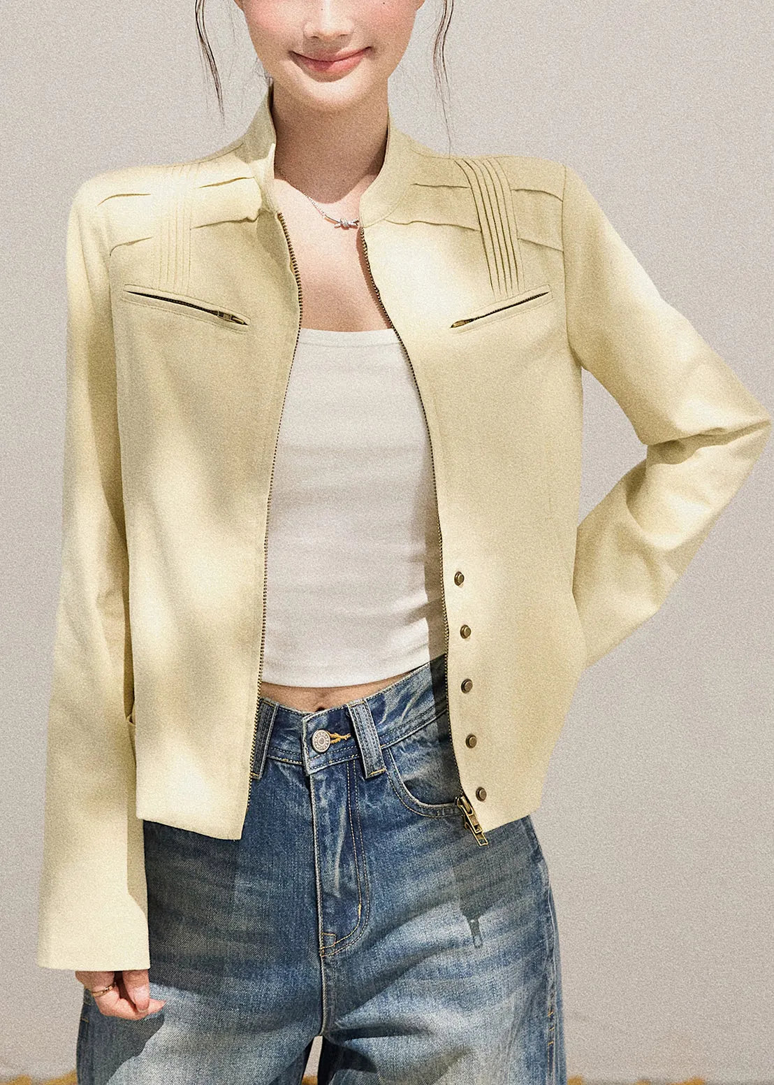 Modern Beige Zippered Wrinkled Cotton Jacket Fall