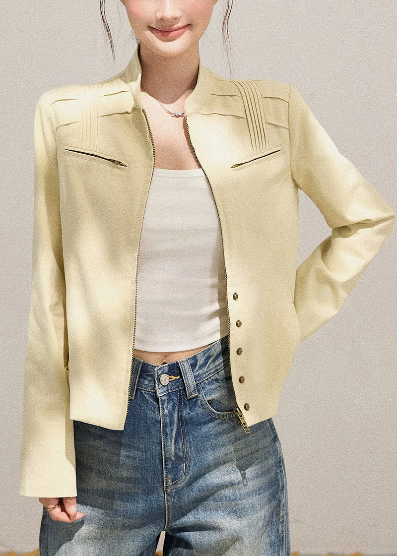 Modern Beige Zippered Wrinkled Cotton Jacket Fall