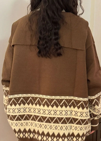 Jacquard Coffee Sailor Collar Lace Up Knit Sweater Spring