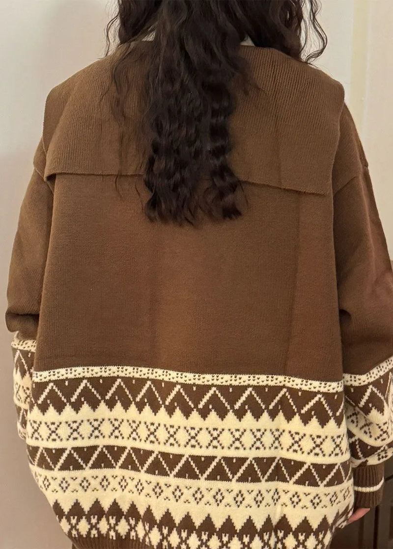 Jacquard Coffee Sailor Collar Lace Up Knit Sweater Spring