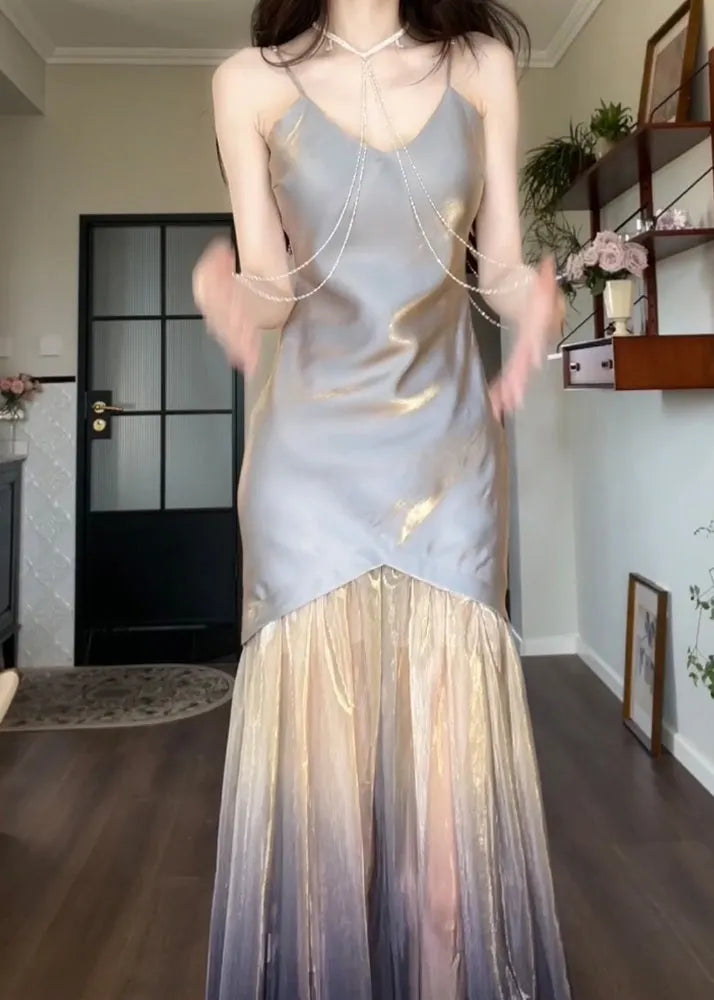Grey V Neck Tulle Patchwork Spaghetti Strap Dress Sleeveless