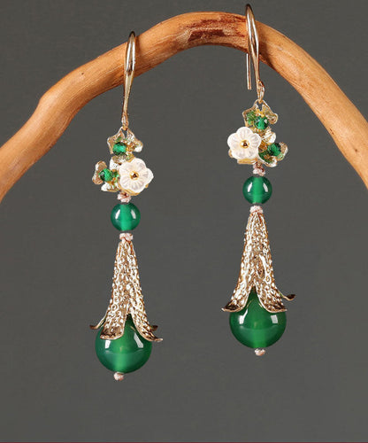 Green Sterling Silver Overgild Jade Agate Shell Flower Drop Earrings
