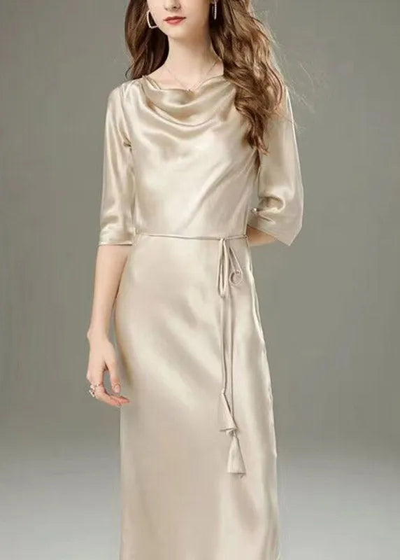 Classy Black Tie Waist Silk Long Dress Half Sleeve