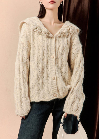 Beige Button Hollow Out Knit Sweaters Spring