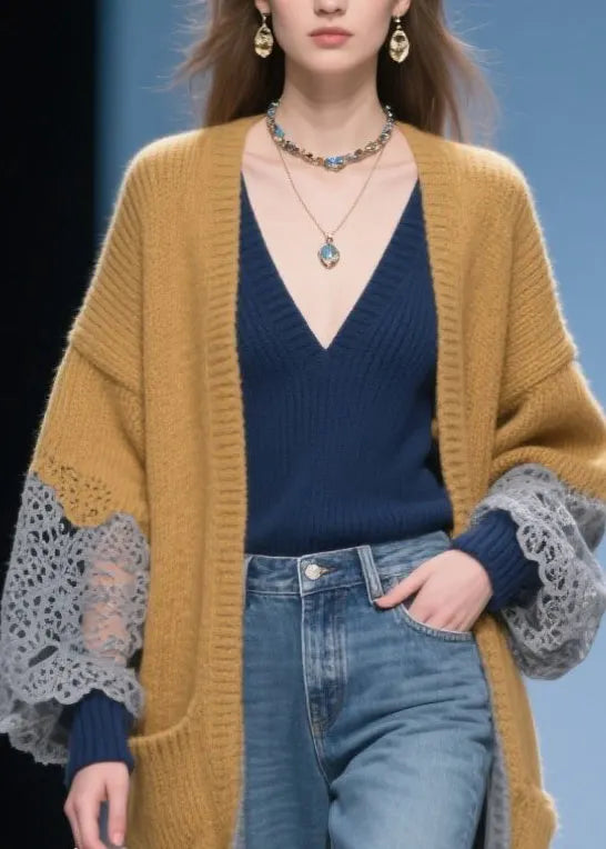 Khaki Oversized Patchwork Lace Long Cardigans Winter