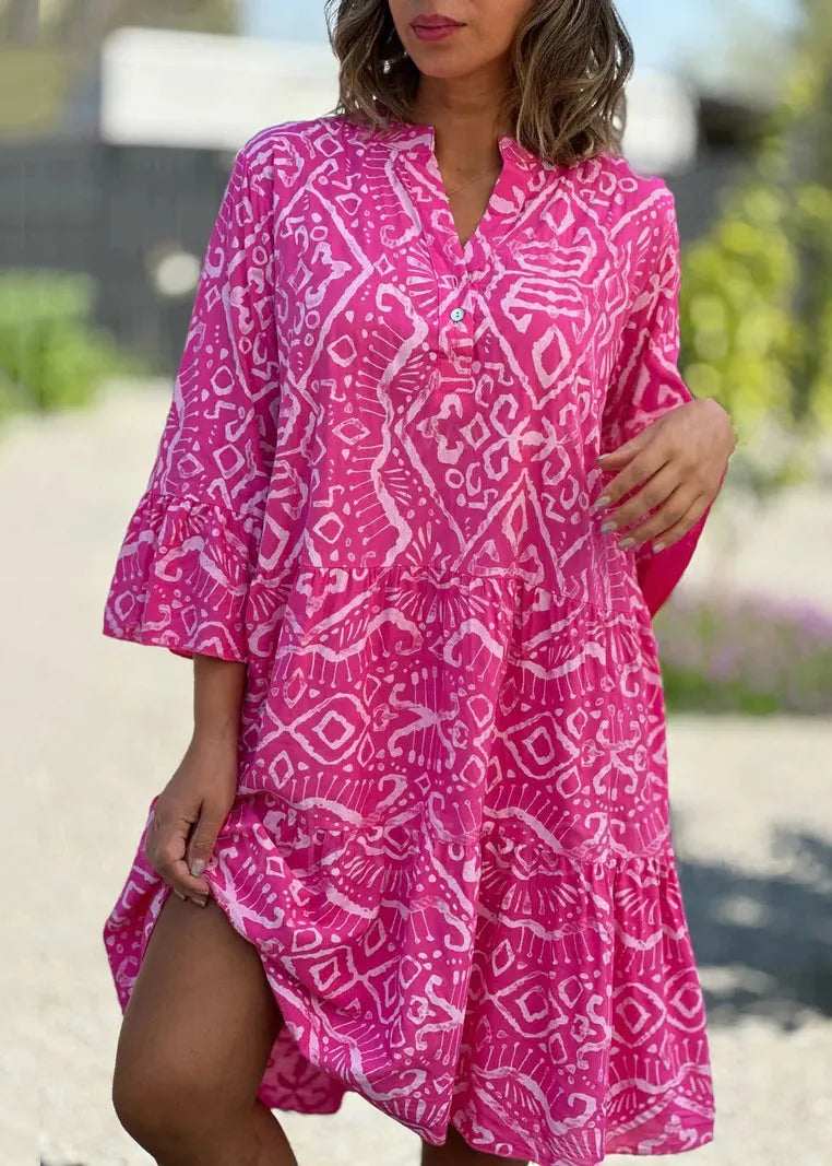 Black V Neck Print Patchwork Cotton Dresses Flare Sleeve