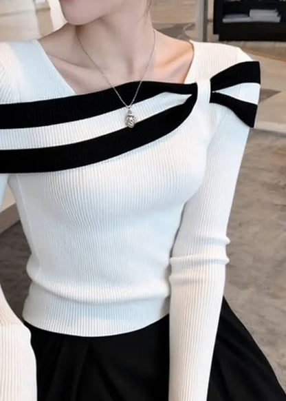 Slim Fit White Striped Patchwork Knit Sweaters Spring