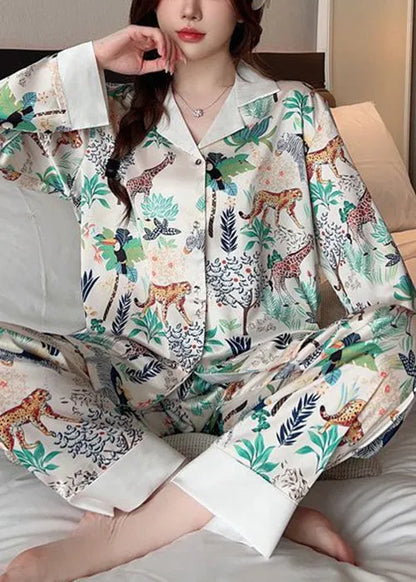 Loose Photo Color Peter Pan Collar Print Ice Silk Pajamastwo Pieces Set Spring