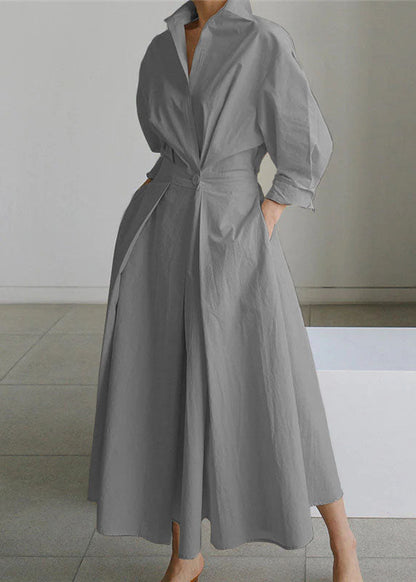 Beige Peter Pan Collar Pockets Cotton Dress Long Sleeve