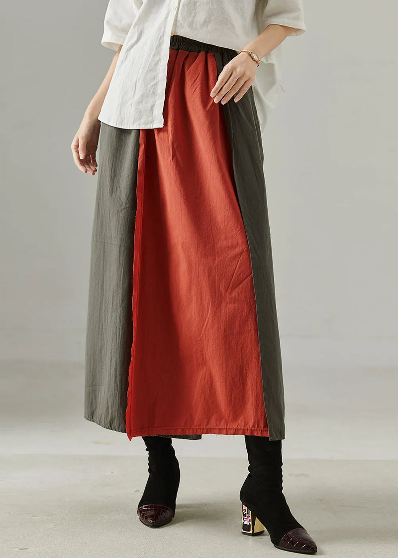 Red Elastic Waist Patchwork Cotton Skirts Fall