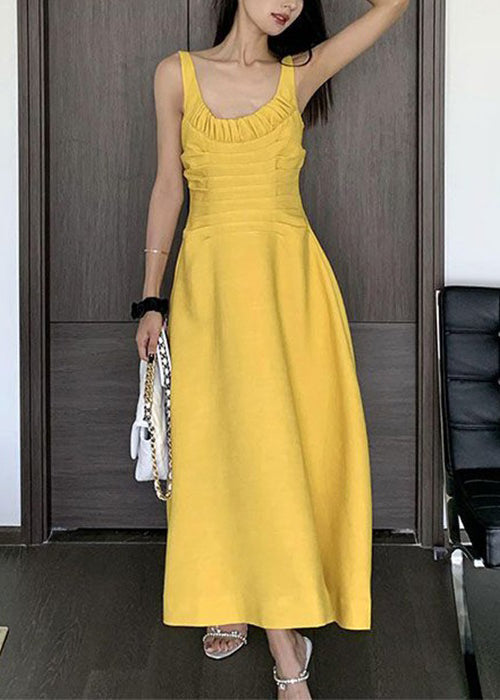 Yellow Wrinkled Cotton Spaghetti Strap Dress Sleeveless