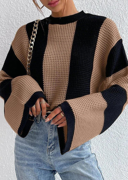 Khaki O Neck Striped Knit Sweaters Fall