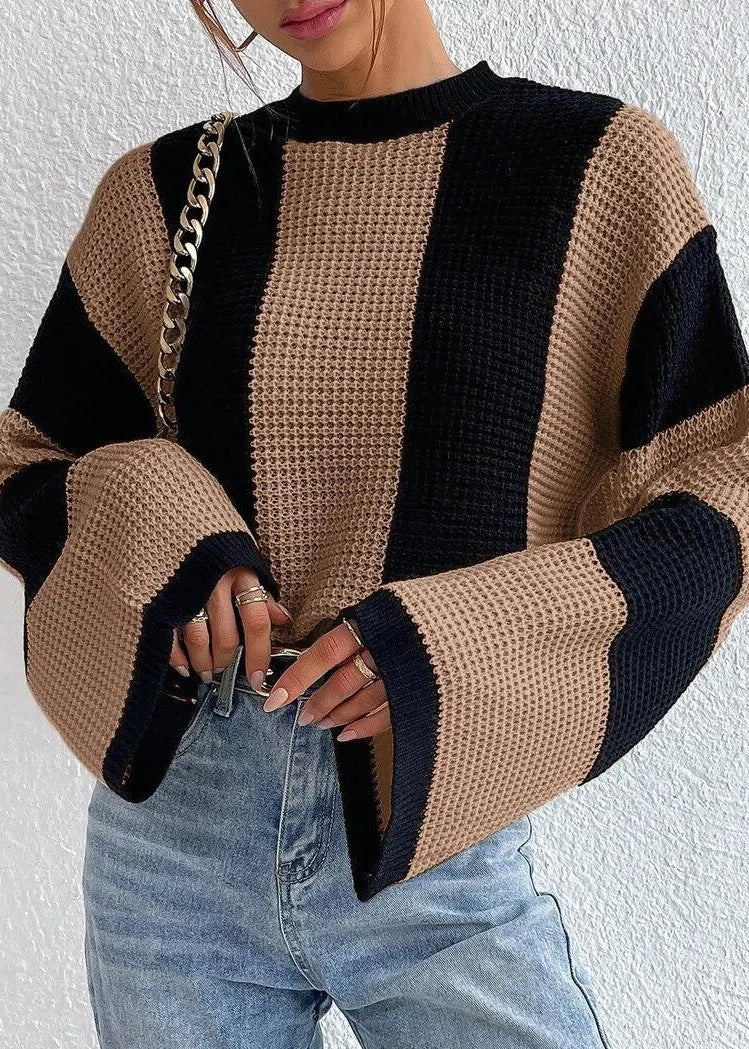 Khaki O Neck Striped Knit Sweaters Fall